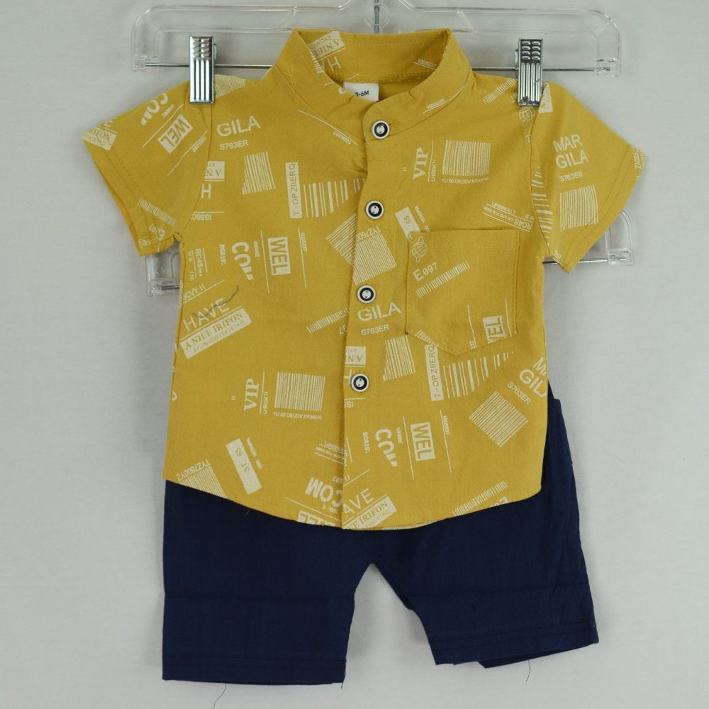 Brand Pat Pat, Size 3-6M, Yellow And White Collared Button Up, Blue Shorts.